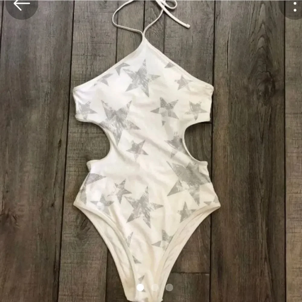 Aerie Women's Winter White Low Back Star Print High Leg Halter Swimsuit …